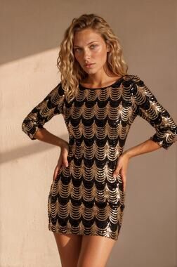 Women's Black & Gold Sequin Cocktail Dress | New Year's Eve Evening Dress